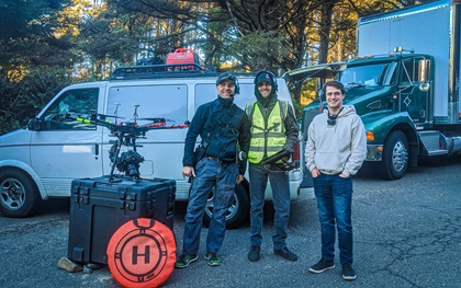 Crew members, from left, Scott Bones, Jamie Goodwick, and Josh Dietrich have done cinematic work for high-profile clients, though the DJI M600 seen here was not the camera chosen to film the recent social justice protests in Oregon. Photo courtesy of Jamie Goodwick/Portlandrone. 