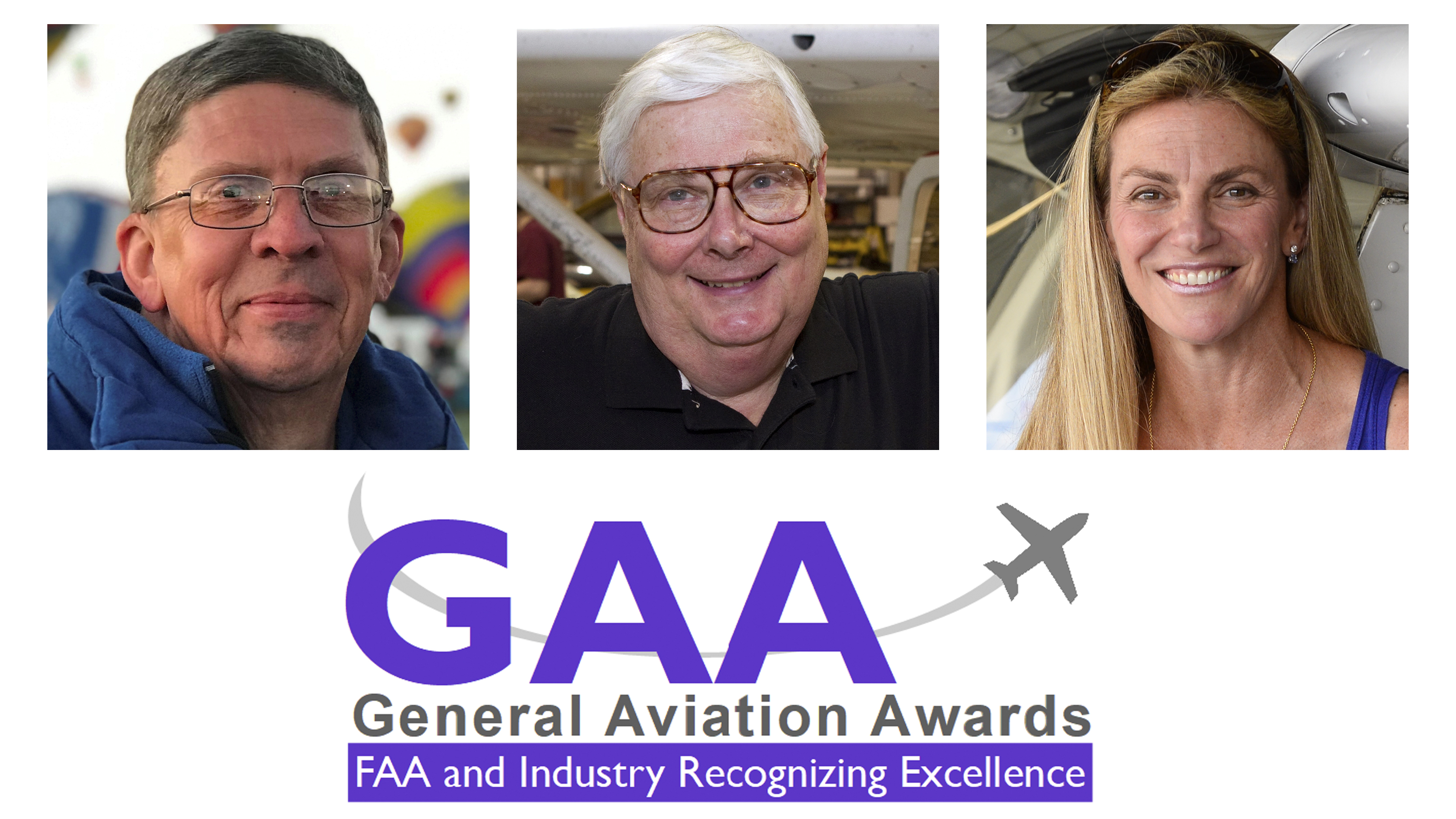 The General Aviation Awards program has named its 2020 honorees (left to right): Gary Brossett, Dennis Wolter, and Catherine Cavagnaro. AOPA graphic composed with images courtesy of Gary Brossett and the General Aviation Awards.