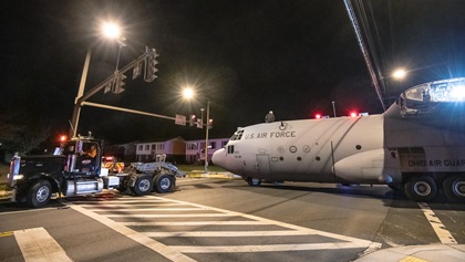 After navigating the tricky exit ramp from U.S. 15 South to Rosemont Avenue, the C-130 movers were faced with a 90-degree left turn. Photo by Mike Collins.