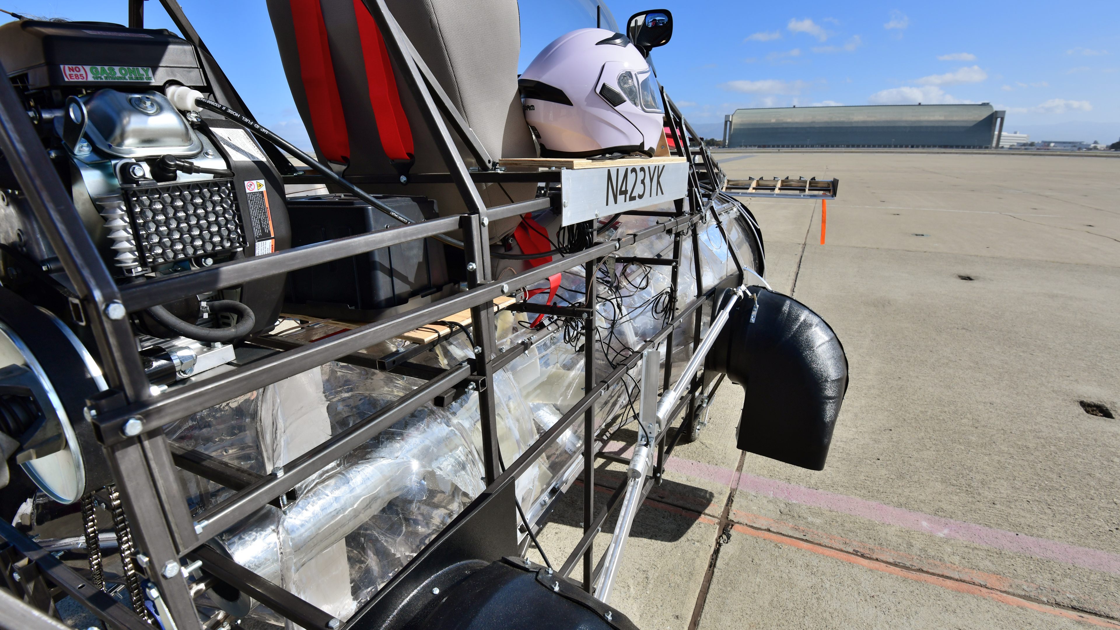 Anthony Windisch has been working on the design for his Aircycle, scaled up for the GoFly Prize competition, through scale models for 34 years. The full-scale craft has not yet flown. Photo by Mike Collins.