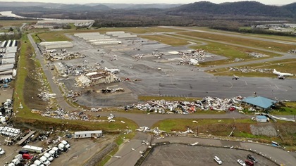 John C. Tune Airport is left devastated after an early morning tornado struck the Nashville area. Photo courtesy of Randy Harmon.