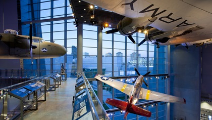 Multiple stories of exhibits allow visitors to get up close to artifacts of all sizes. Photo courtesy of The National WWII Museum.