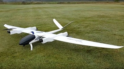 Aquiline Drones will be using smaller, tilt-rotor drones such as this nine-foot-wingspan Songbird from Germandrones as part of testing and developing its proof-of-concept. Photo courtesy of Germandrones via YouTube.