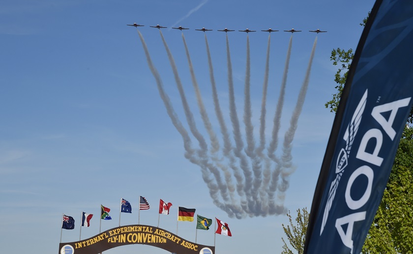 The Canadian Snowbirds aerial demonstration team performs during 2016 EAA AirVenture. Public Affairs Officer Capt. Jenn Casey was killed after ejecting from a Canadair CT-114 Tutor jet May 17 in Kamloops, British Columbia. File photo by David Tulis.