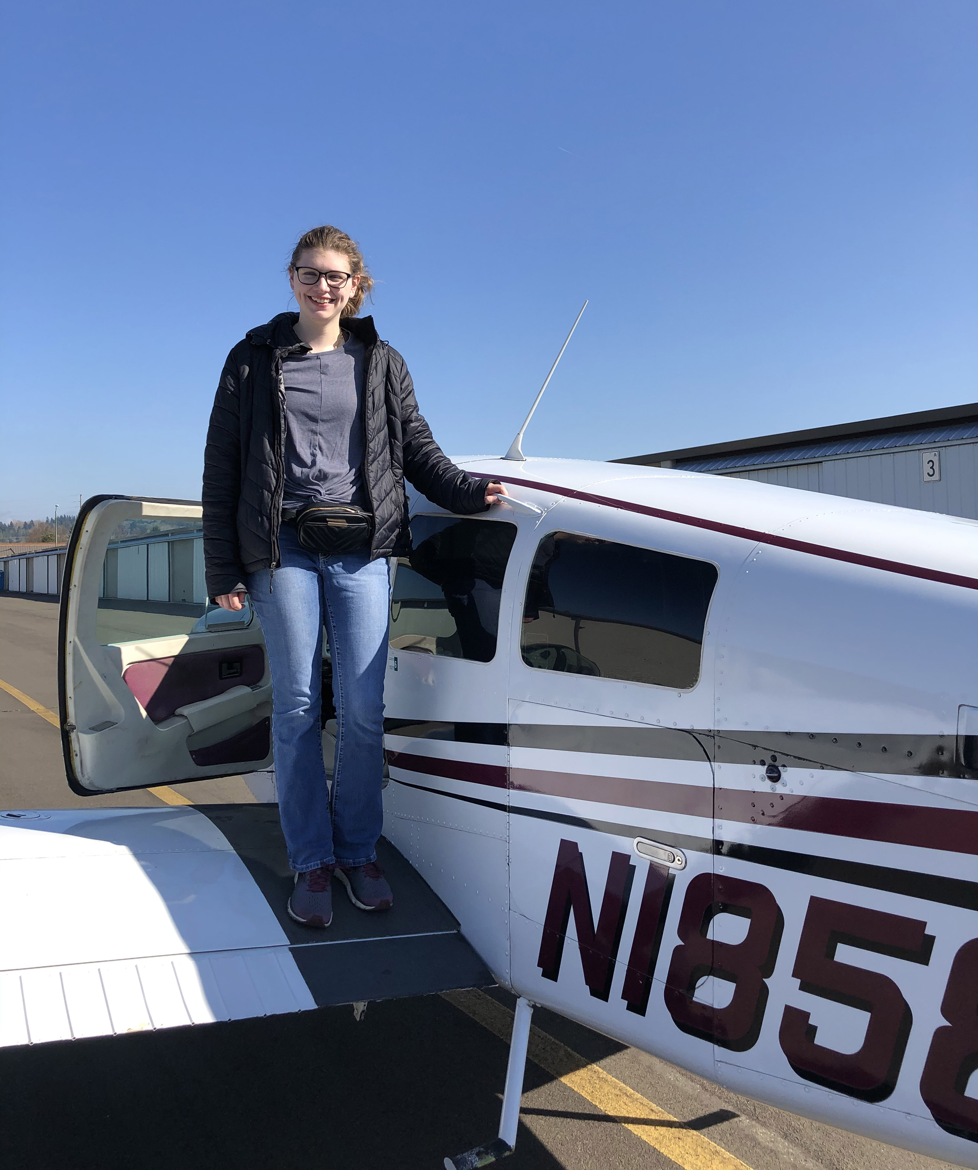 Regen Langholz is graduating from Kentwood High School in Covington, Washington, and is completing her private pilot certificate. She plans to attend the University of Alaska Fairbanks to pursue mechanical engineering and aerospace while also continuing her flight training. She was a Western Aerospace Scholar for the state of Washington. This photo was taken right after Langholz completed her solo long cross-country flight. Photo courtesy of Denise Langholz.