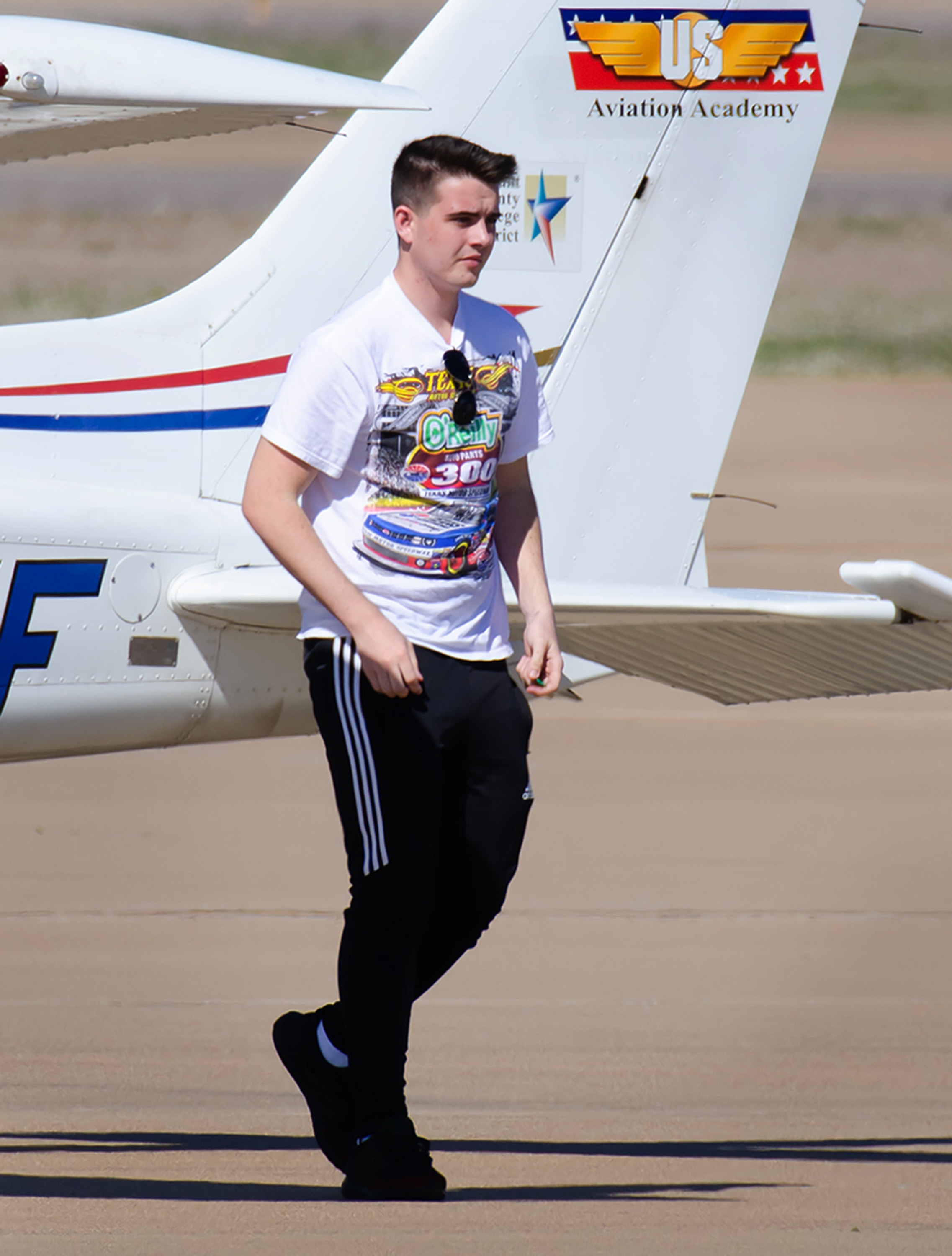 Andrew Patterson, 17, a senior at Eaton High School in Texas, exits a Cessna 172 after his first flight was documented by family and friends. Photo courtesy of Heather Patterson via Brandon Thetford.