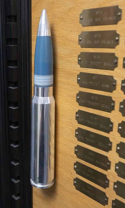 One of the Gatling gun bullets used in a Maryland Air National Guard Fairchild Republic A–10C Thunderbolt II close air support jet is on display at the 175th Wing. Photo by David Tulis.