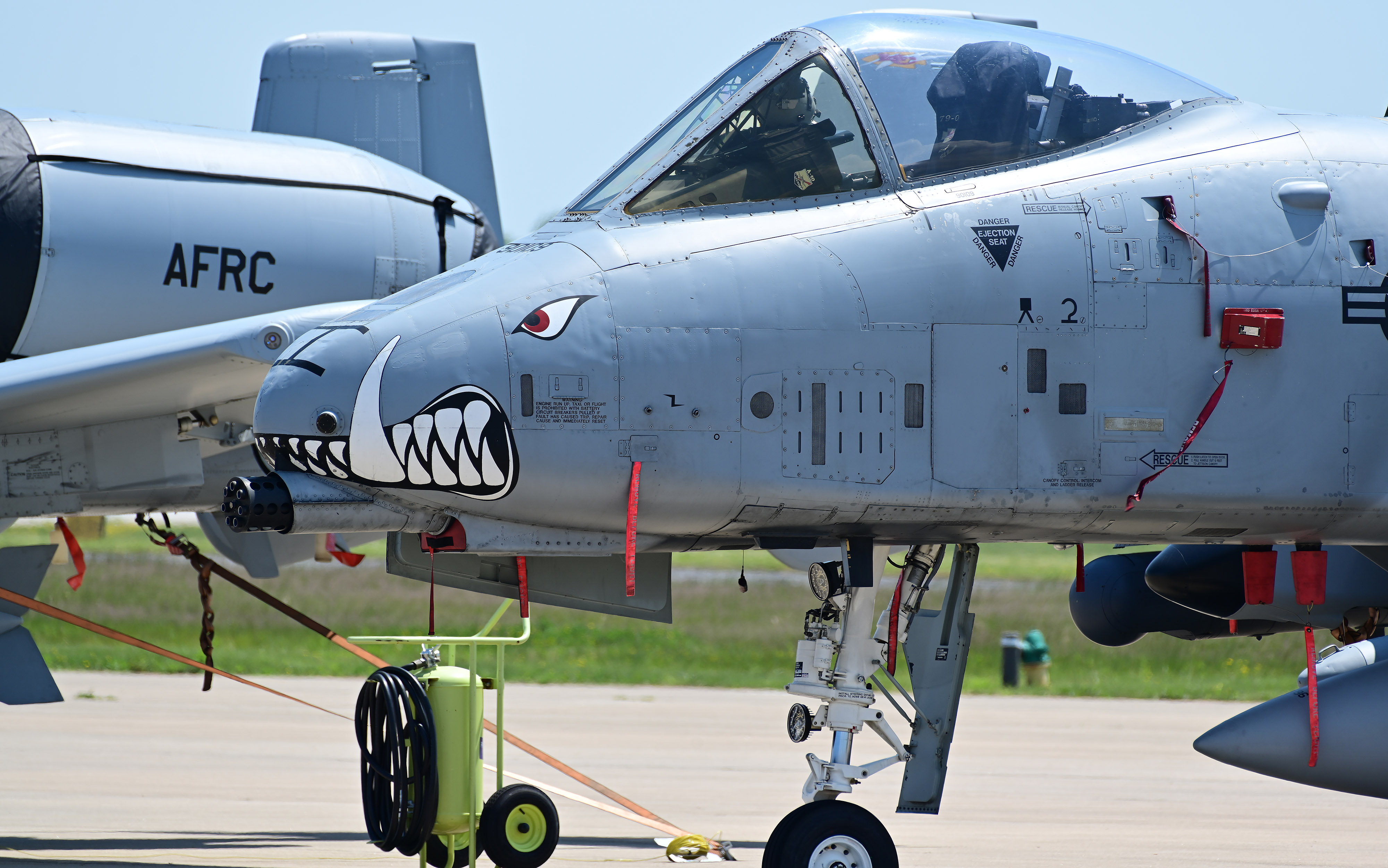 Maryland Air National Guard pilots fly Fairchild Republic A–10C Thunderbolt II "Warthog" jets nicknamed for an aggressive look. Photo by David Tulis.                                                    