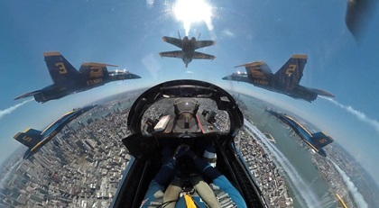 The U.S. Navy Blue Angels U.S. Air Force Thunderbirds, honor frontline COVID-19 first responders and essential workers with formation flights over New York City, New Jersey and Philadelphia on April 28. Image from video courtesy of the U.S. Navy.