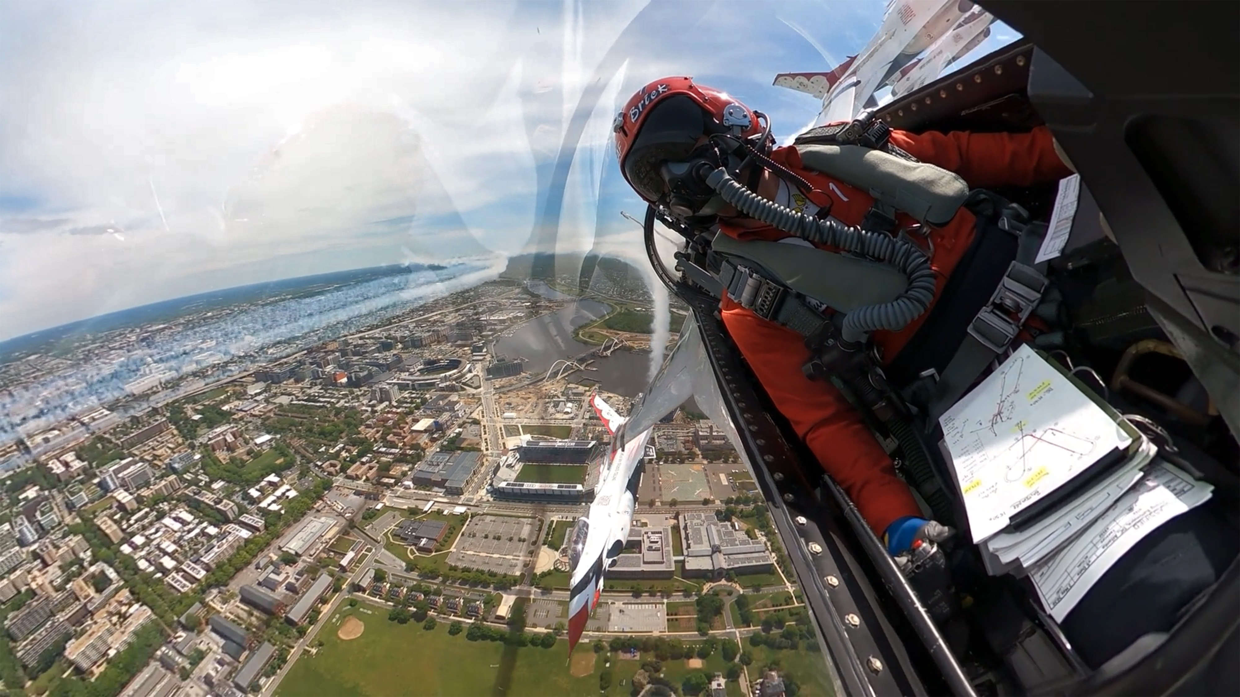 Baltimore is visible from the cockpit of a U.S. Air Force Thunderbirds cockpit in this image from an onboard video camera during a flyover May 2 to honor medical workers. Image from video courtesy of Staff Sgt. Cory Bush, U.S. Air Force.