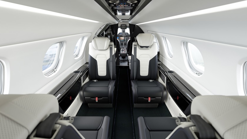 The Porsche 911 Turbo S seats will match the textured leather seating of the Phenom 300E, with blue stitching and the Duet’s embossed and debossed logos. Photo courtesy of Embraer.