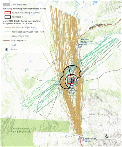 Draft EIS shows VFR traffic that were detected by FAA radar during July 2018 showing significant flows both to and from the Alaska Range mountain pass, and between the Fairbanks area and destinations to the southwest. Graphic courtesy of the FAA.
