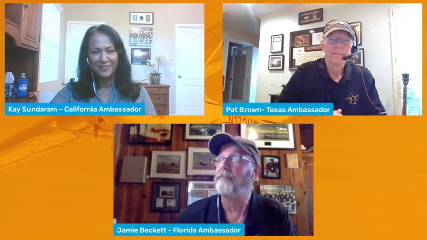 AOPA’s You Can Fly ambassadors Kay Sundaram (top left), Pat Brown (top right), and Jamie Beckett (bottom) take your questions during the 'Ask an Ambassador' webinar.