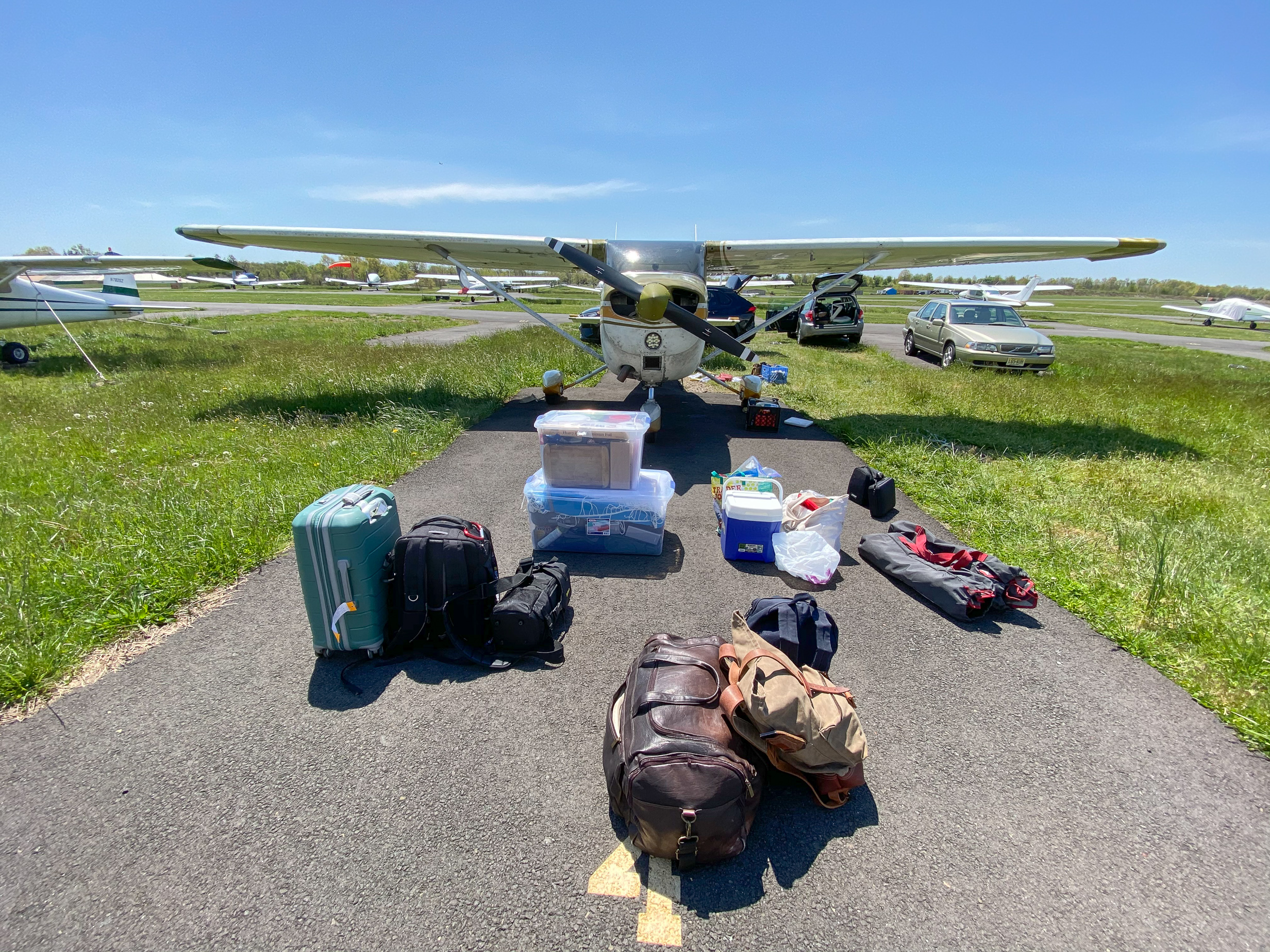 Filip Wolak and Sarah Tamar removed the back seat of Wolak’s Cessna 172 to load it with gear to help them be mostly self-sufficient for two weeks: light chair and table; two boxes filled with a tent, mattress, lights, powdered soup, spices, bread, a stove, and a little container of gas; a carry-on with clothing; a cooler in the baggage compartment; and basic tools for working on the airplane if needed. Photo by Filip Wolak.