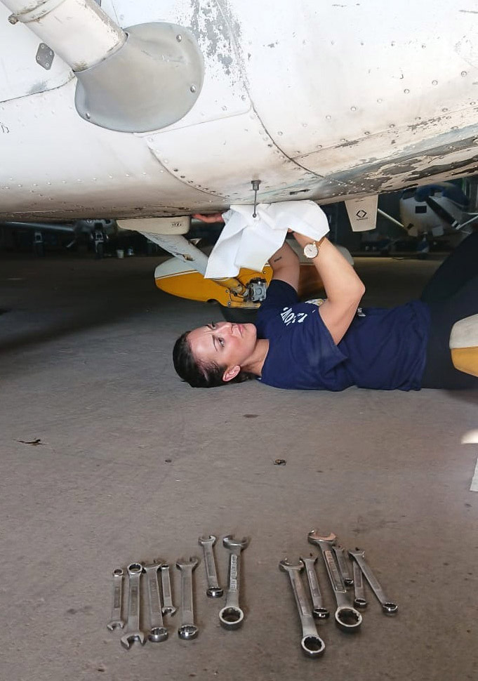 “Rusty,” Filip Wolak’s Cessna 172 that he and Sarah Tamar flew across the country and camped out of, gets a little TLC. Photo by Filip Wolak.