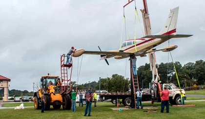 A volunteer EAA crew put 6,500 hours into an extensive exterior restoration of James M. ‘Jimmy’ Stewart’s cream-and-white Cessna 310. The aircraft is a weathervane at Indiana County/Jimmy Stewart Field and helps pilots choose a runway. Image courtesy of Tom Kitchen.