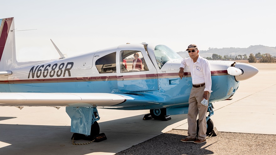 Flying Tigers veteran Harry Moyer flew solo in his 1964 Mooney MK21 to celebrate his 100th birthday. Photo by SLO Town Studios/Welcome Home Military Heroes.