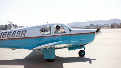 Harry Moyer taxis at San Luis County Regional Airport as part of his 100th birthday solo flight in his 1964 Mooney MK21. Photo by SLO Town Studios/Welcome Home Military Heroes.