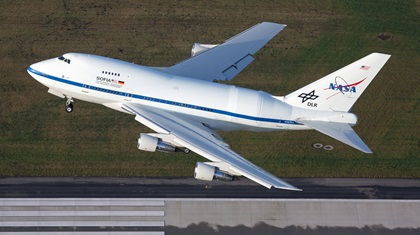 SOFIA takes off from Hamburg, Germany, following a heavy maintenance visit at Lufthansa Technik. Photo by Alexander Golz, courtesy of NASA.