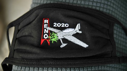 This embroidered face mask captures the sentiments of many in the Reno Air Races community. The 2020 races were canceled because of the coronavirus pandemic. Photo by Joanne Murray.