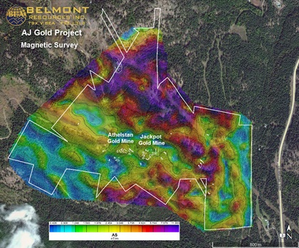 Data from a magnetic survey performed by Pioneer Exploration Consultants is translated into an image that can be overlaid onto a topographic survey of the same area that guides mining operators where to drill. The two types of imaging reveal different characteristics of the surface and what is below. Image courtesy of Belmont Resources Inc.