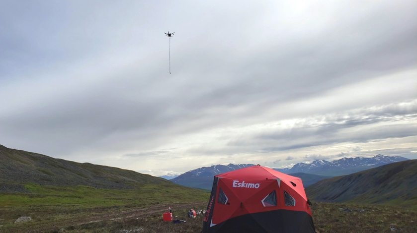 A typical UAS team field setup with an unmanned flight in progress controlled from a ground control station tent. This operation was conducted in Alaska. Photo courtesy of Pioneer Exploration Consultants.