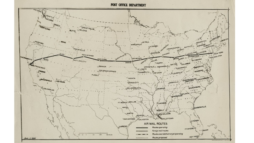 A 2,680-mile long transcontinental airmail route linking New York with San Francisco was completed in 1920. Initially, mail was flown by day and carried on trains at night. One coast-to-coast trip took about 3 ½ days, which was nearly a day quicker than the all-rail time. Regular service with nightflying began in 1924, reducing the trip to about 33 hours. Airmail routes from Seattle to Victoria, British Columbia, and from New Orleans to Pilottown, Louisana, were foreign airmail routes, operated under contract — they expedited mail delivery to foreign-bound steamships. Image courtesy os USPS.
