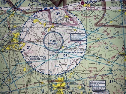 Prohibited airspace is very serious. Prohibited Area P–40 surrounding Camp David is closely monitored, and violators receive some of the strictest enforcement actions. It is normally a prohibited circle 6 miles in diameter. When the president or other VIPs are visiting Camp David, the airspace is expanded by notam to 20 miles. Photo by Chris Eads.