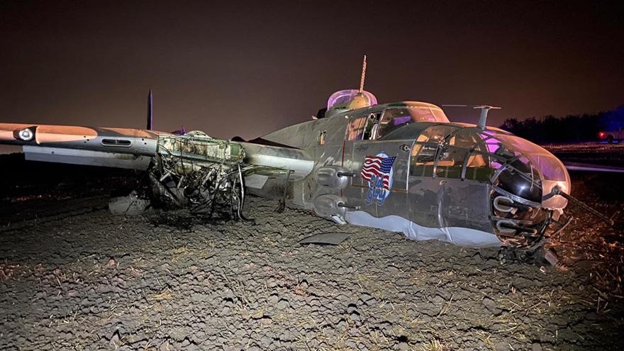 'Old Glory,' a North American B-25 Mitchell bomber that had recently participated in an aerial parade in Hawaii commemorating the seventy-fifth anniversary of the end of World War II, was damaged during a forced landing near Stockton, California. Photo courtesy of San Joaquin County Sheriff's Office.