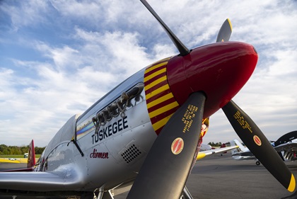 A North American P-51 Mustang honors the Tuskegee Airmen after preparation for the Arsenal of Democracy flyover of Washington, D.C. Nearly 70 World War II warbirds will help recognize the seventy-fifth anniversary of Victory in Europe Day. Photo by David Tulis.