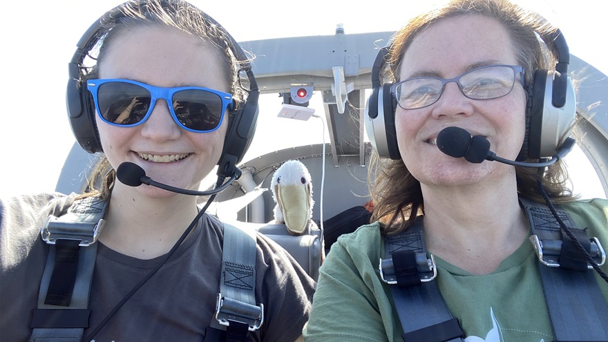 Arianna Strand, left, and her mother, Laurie, have flown many adventures together. Their biggest to date was delivering a pelican from Connecticut to Florida. Photo courtesy of Laurie Strand.