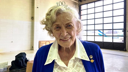 Bernice Barris during a commemorative celebration of her 100th birthday held at Cuyahoga County Airport. Photo by Kyle Lewis