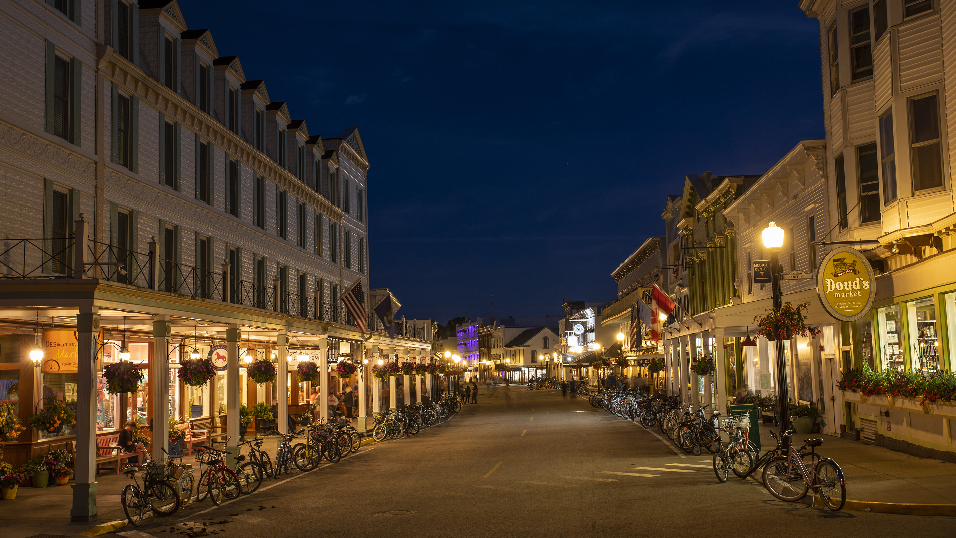 Lake Shore Drive features storefronts and confectionaries along the bikeable street. Photo courtesy of the Mackinac Island Tourism Bureau.