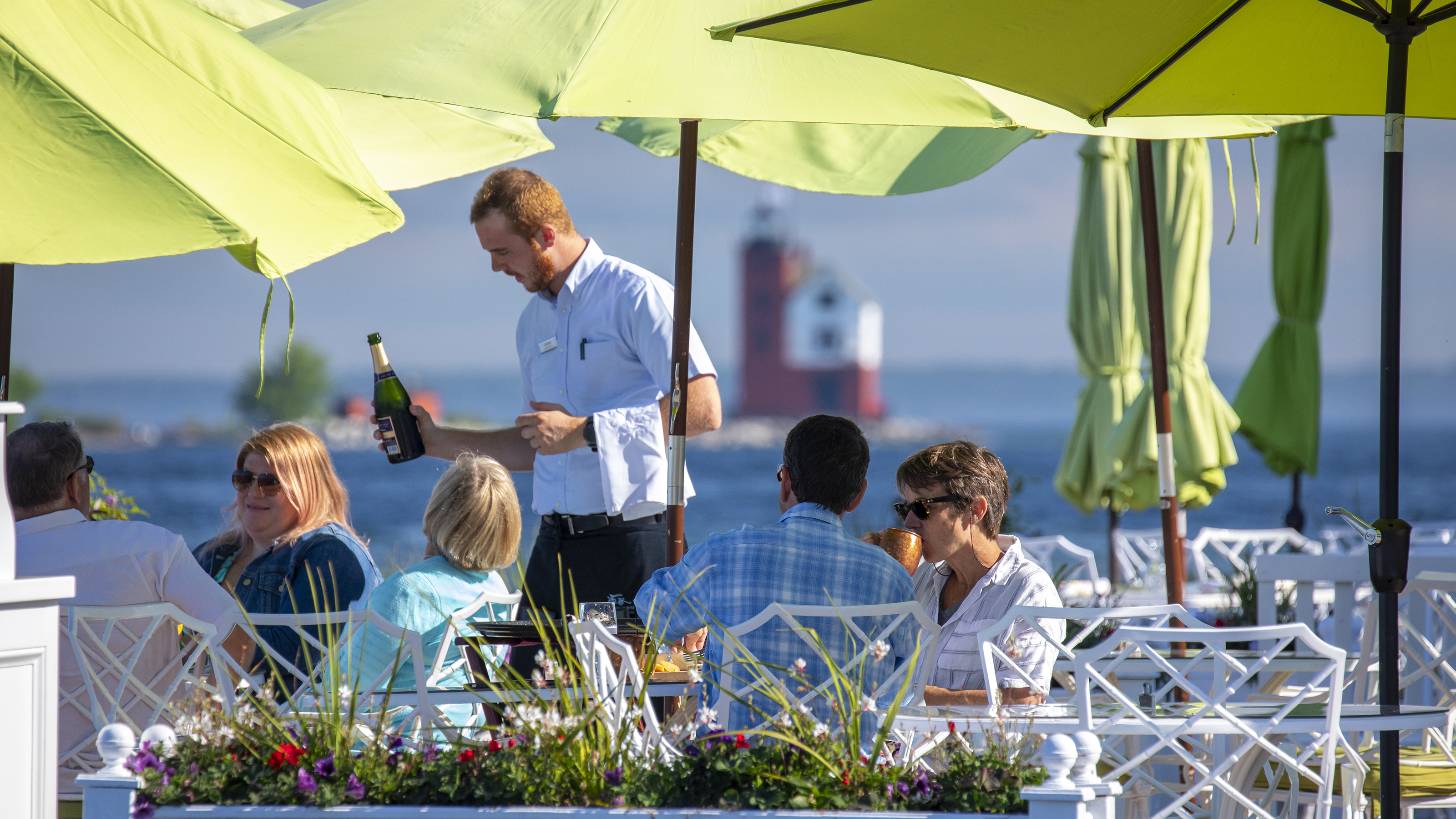 The Iroquois Hotel offers harbor view dining along the waterfront. Photo courtesy of the Mackinac Island Tourism Bureau.