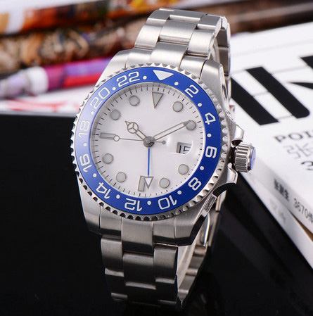 A finished watch with a blue bezel. GMT Pilot (Ralph Freshour's online store) offers customers options to choose from for several components, including the bezel (blue in this case), watch face, and watch band. Photo courtesy of Ralph Freshour.