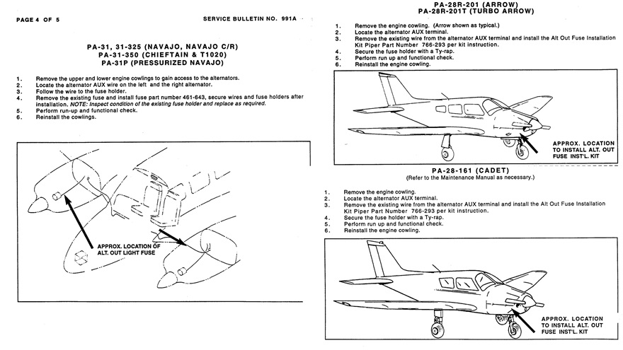 These images from the 1996 Piper Aircraft Co. service bulletin 991A show three of the five aircraft models to which the bulletin applies, though it is limited to aircraft with serial numbers within a specified range in each case. Image courtesy of Piper.