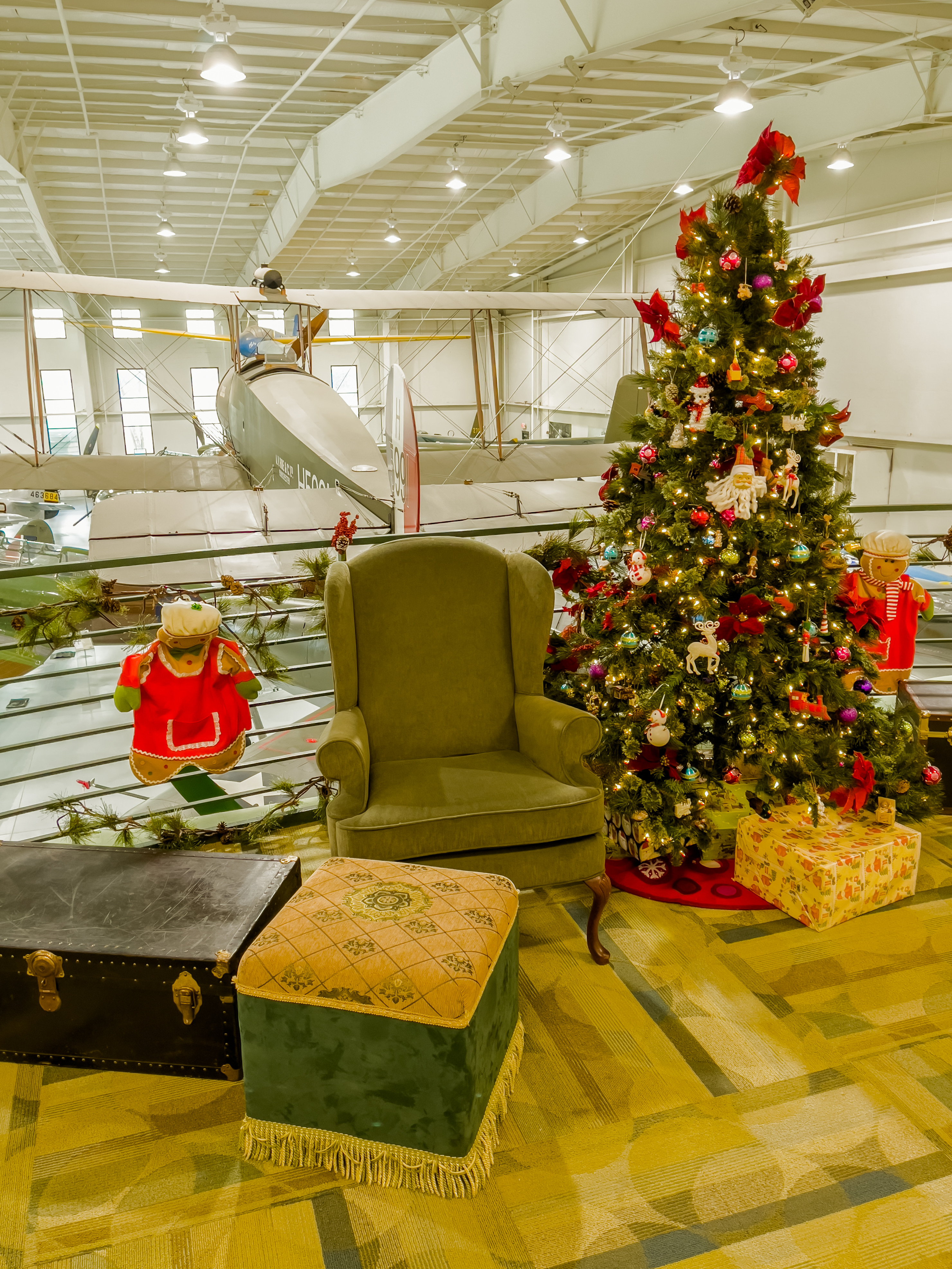 This cozy Christmas chair is ready to welcome Santa and his visitors at this festive display at the Military Aviation Museum in Virginia Beach, Virginia. Photo courtesy of Zachary Baughman, Military Aviation Museum. 
