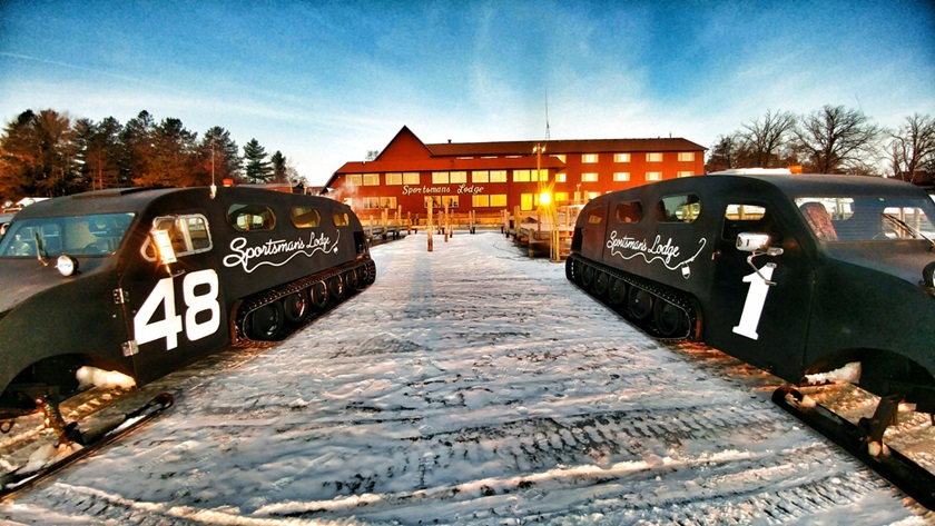 Bombardiers sit on the ice in preparation for a day of fishing on Lake of the Woods. Photo courtesy of Sportsman's Lodge.