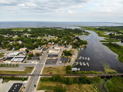 A view from above captures Warroad, Minnesota, and the Warroad River, which flows into Lake of the Woods. Photo courtesy of the Warroad Area Chamber of Commerce.