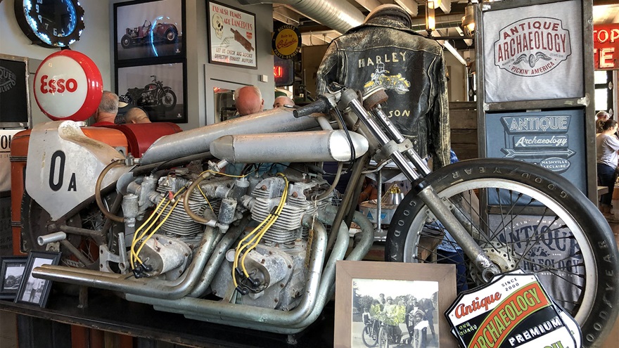 Among the iconic picks on display at the Antique Archaeology shop in LeClaire, Iowa, is this land speed bike that took Mike Wolfe and a friend on a treasure hunt to Gulf Shores, Alabama. The bike was a record-winning bike that raced in the Bonneville Salt Flats in the 1970s and now is part of Wolfe’s motorcycle collection. The Iowa native is the star of the History Channel’s “American Pickers.” Photo by MeLinda Schnyder.