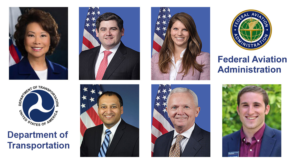 Department of Transportation and high-ranking FAA officials have announced their resignation following the January 6 assault on the Capitol. Top left to right: U.S. Secretary of Transportation Elaine Chao; FAA Assistant Administrator of Policy, International Affairs, and Environment Bailey Edwards; and FAA Assistant Administrator of Communications Brianna Manzelli. Bottom left to right: FAA Chief Counsel Arjun Garg, FAA Associate Administrator of Airports Kirk Shaffer, and FAA Acting Administrator for Legislative Affairs Andrew Giacini. Images courtesy of FAA and Twitter.