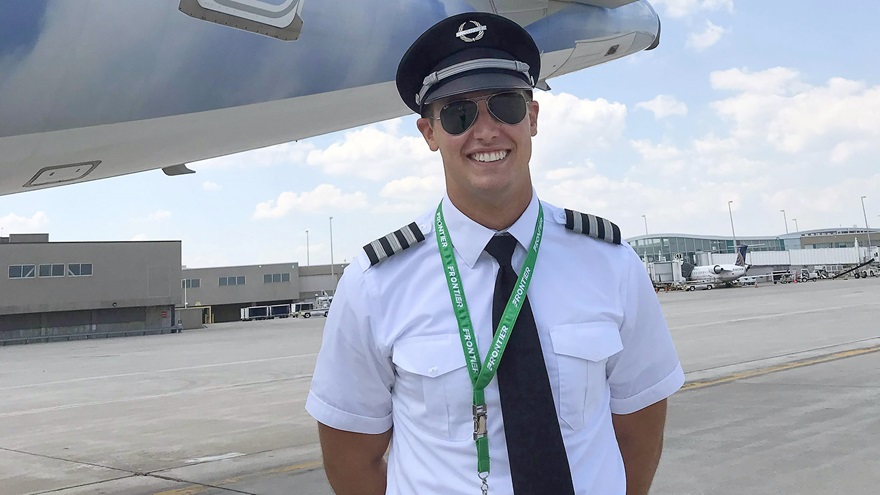 Frontier Airlines First Officer Walter Copeland III is participating in an ATP Flight School pilot pathway program called the Frontier Direct Program and reached an airline flight deck 29 months after beginning his training with ATP. Photo courtesy of ATP Flight School.