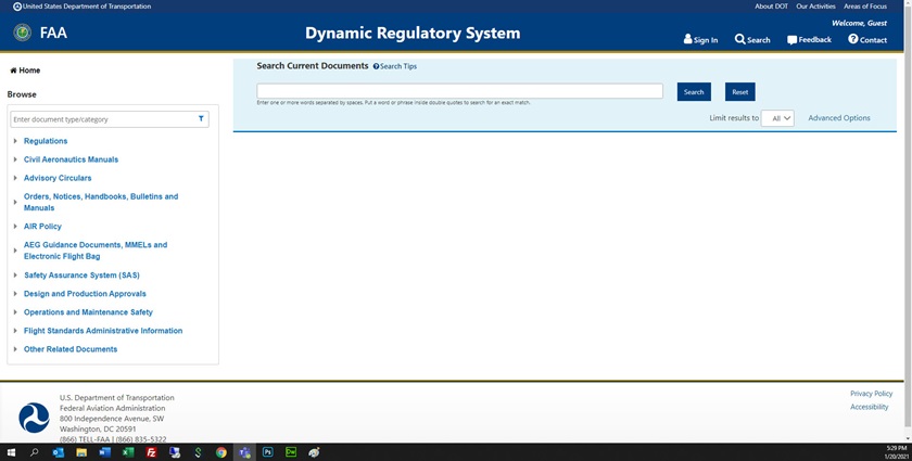 To research a topic from the Dynamic Regulatory System search page, type your topic in the search field at the top of the page and click Search or press Enter. On the results page that comes up you can also filter your results to narrow your search. Image courtesy of the FAA.