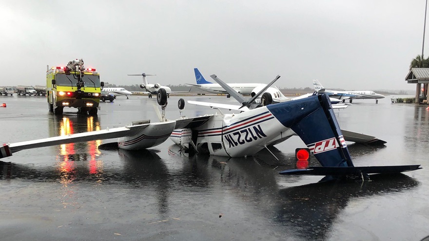 A Piper Seminole was flipped over by the January 27 tornado at Tallahassee International Airport. Photo courtesy of the City of Tallahassee via Twitter.