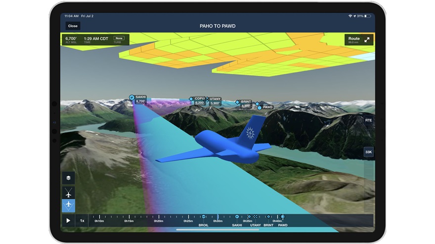 Enhancements to the 3D Preview feature allow users to view weather and "follow an approach's glideslope all the way to the runway." Image courtesy of ForeFlight.