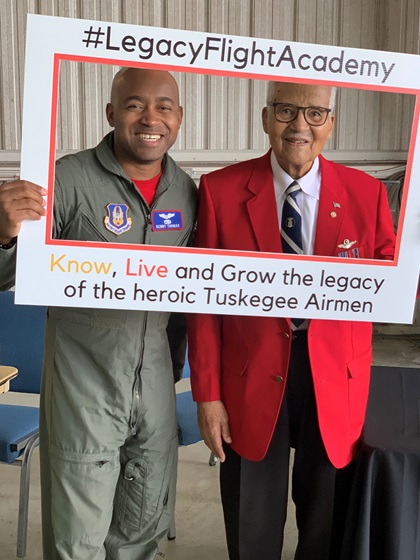 Major Kenneth Thomas with retired Brigadier General Charles McGee at the 2019 Legacy Flight Academy’s Eyes Above the Horizon event in Tuskegee, Alabama. Photo by Eater Shim.