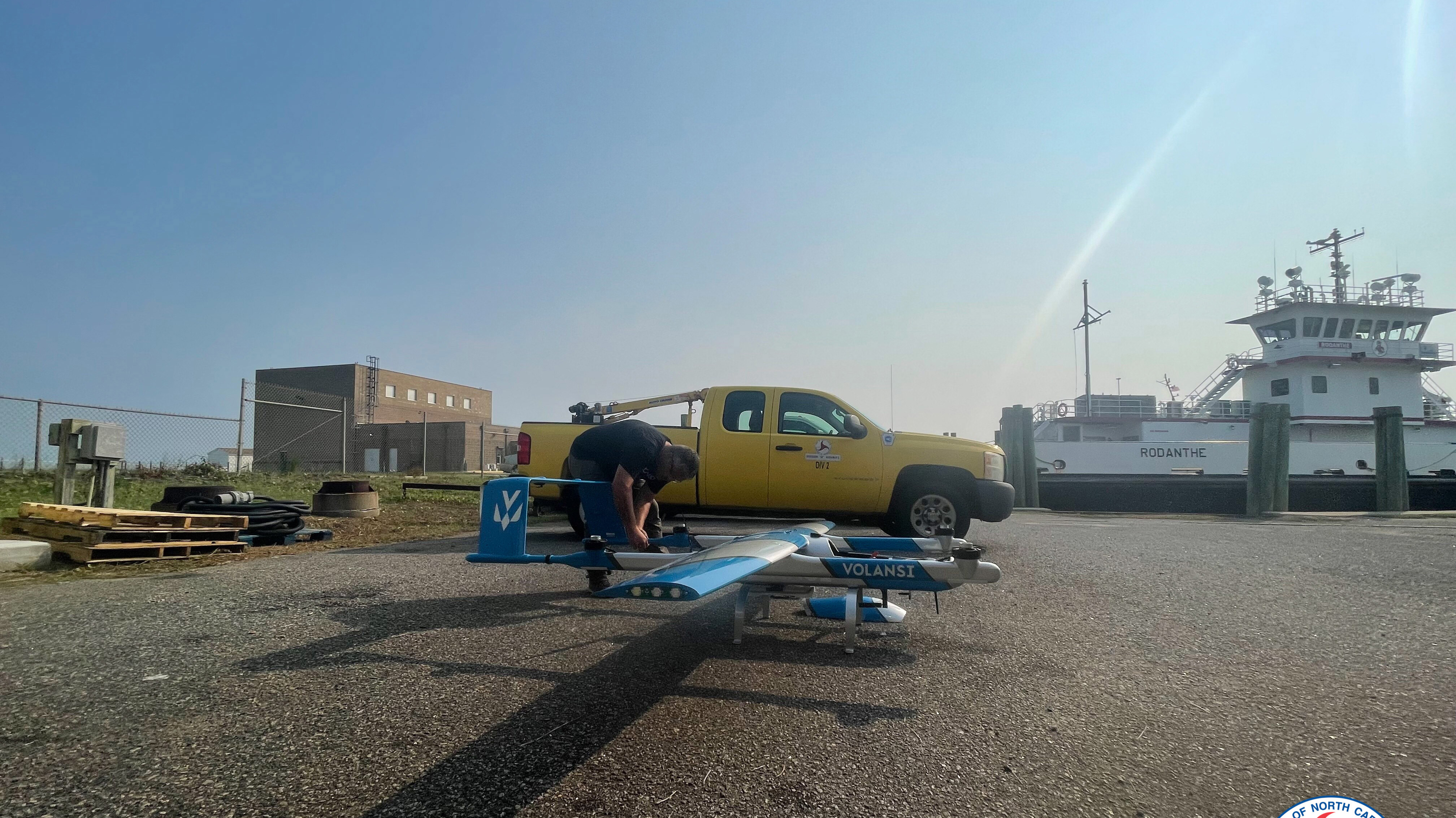 A cooperative effort by the Ferry Division and the Division of Aviation of the North Carolina Department of Transportation conducted a trial flight beyond visual line of sight from Hatteras Island to Ocracoke Island July 22. Photo courtesy of NCDOT.