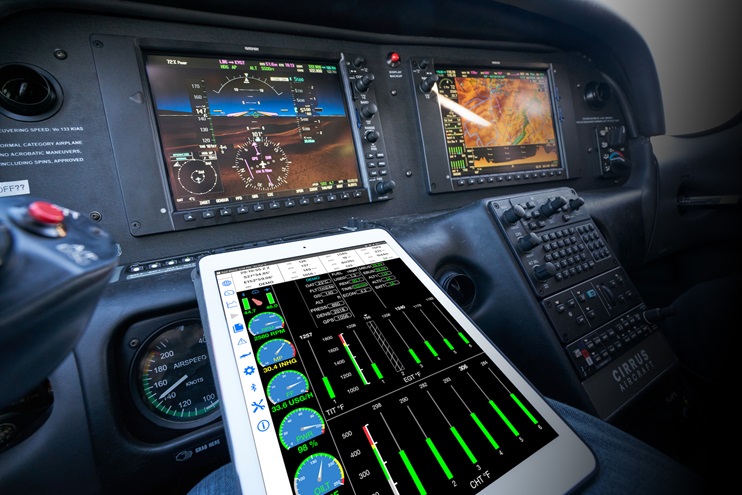 BlueMax can feed data from a variety of engine monitoring and navigation sources and display it in real time on a mobile device, and record it for later analysis and automated upload to maintenance providers. Photo courtesy of FlightData Solutions.