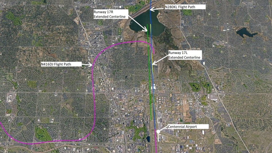 The NTSB outlined the flight paths of a twin turboprop and a Cirrus SR22 that collided on approaches to parallel runways at Denver's Centennial Airport on May 12. Graphic courtesy of NTSB.