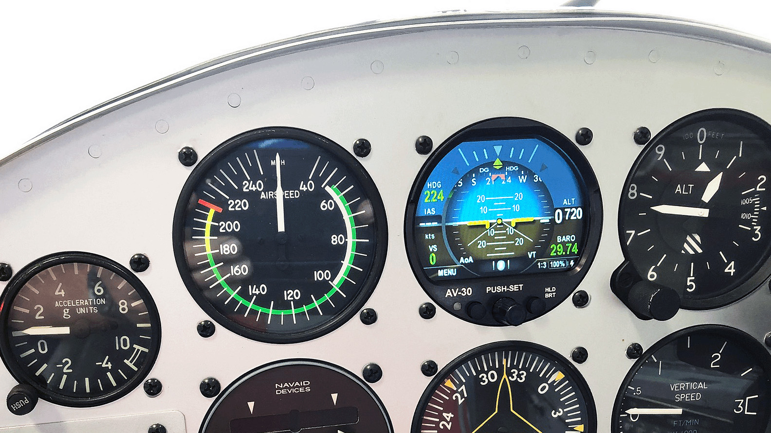 The uAvionix AV-30-C, seen here as a primary attitude indicator, requires just four inputs: power, ground, pitot, and static. Internal sensors measure acceleration, and connection to a GPS source is optional. Photo courtesy of uAvionix.